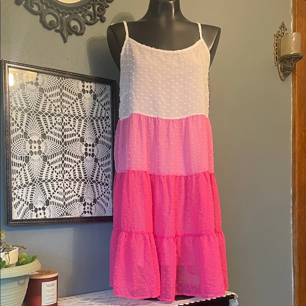 SHEIN White to Pink Ombre Tiered Swiss Dot Mini Dress